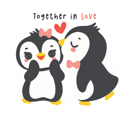 Loveable Valenntine penguin couple kissing in a whimsical hand drawn cartoon, perfect for romantic greetings and festive occasions.