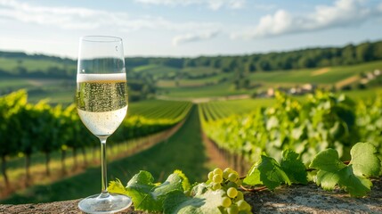 Savoring top-quality bubbly champagne made from premier vineyards of France while overlooking lush pinot noir and meunier grapes.