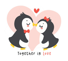 Loveable Valenntine penguin couple kissing in a whimsical hand drawn cartoon, perfect for romantic greetings. © Natsicha