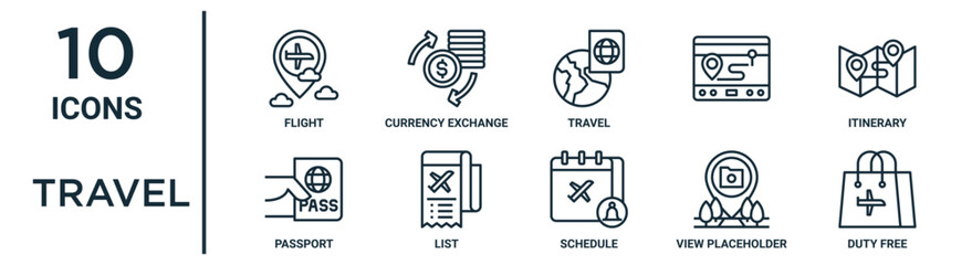 travel outline icon set such as thin line flight, travel, itinerary, list, view placeholder, duty free, passport icons for report, presentation, diagram, web design - obrazy, fototapety, plakaty