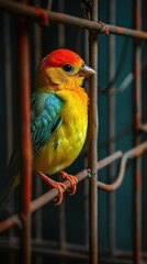 Obraz premium A cute bright yellow canary bird in its cage. Generative AI