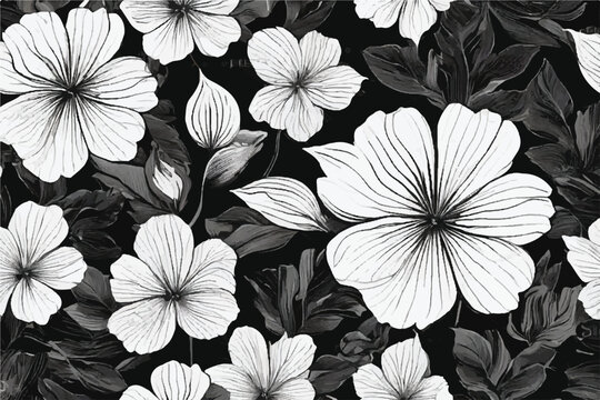 Seamless floral background. Floral pattern. Black and white seamless floral pattern. Black paint vector illustration with abstract floral art. Textiles, paper, wallpaper decoration. Vintage background