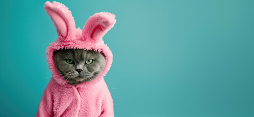 A grumpy, disgruntled gray cat in a pink plush Easter bunny suit, banner on solid background.