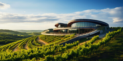 Fototapeta premium Vineyard landscape with a modern winery building on a hill under stunning sky. Rows of grapes. Generative AI
