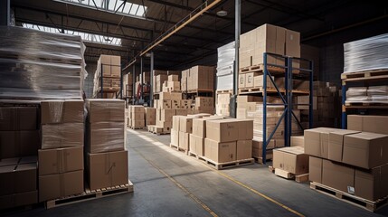 An empty warehouse with packs of packaging materials