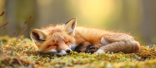 Fototapeta premium Adorable Red Fox Kit Napping - Kit, Red, and Fox Take a Cozy Afternoon Nap