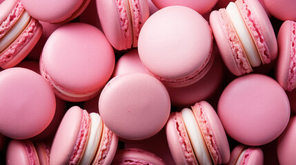 Pink strawberry macarons backdrop. View from above. Aesthetic delicious background. Pastel colour...