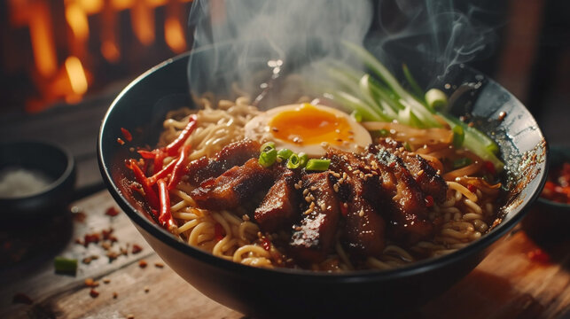 
Bowl of delicious ramen noodles with fried noodles of beef and roasted vegetables, low angle shot, ray tracing, rustic.