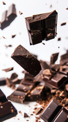 Splash of delicious broken pieces of dark chocolate. White background. Food concept. Generative AI