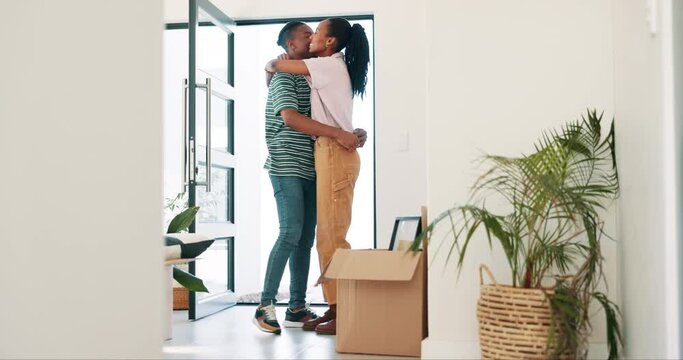 Man, woman and front door at new home with boxes, dog and congratulations for fresh start in real estate. Couple, people and pet animal by cardboard package for moving at apartment, property or house