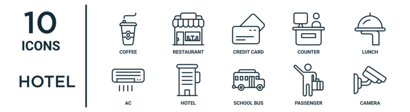 hotel outline icon set such as thin line coffee, credit card, lunch, hotel, passenger, camera, ac icons for report, presentation, diagram, web design