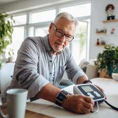 Older man taking his blood pressure at home with a blood pressure monitor. Generated with artificial intelligence.