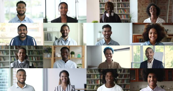 African students and businesspeople front faces close up head shot portrait collage view. Group of different age people smile look at camera, videocall event participants, worldwide communication, app