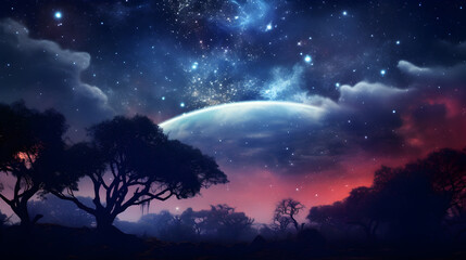 Fototapeta na wymiar Beautiful night sky, the Milky Way, moon, and the tree.