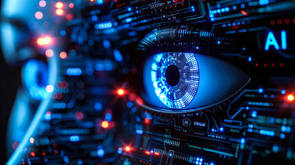 Close-up of a woman's eye with 'ETHICAL AI' illuminated on a neon futuristic technology background, symbolizing the intersection of human ethics and artificial intelligence - obrazy, fototapety, plakaty