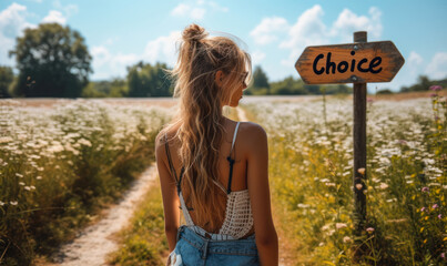A Young Lady at a Intersection with a Direction Marker Pointing to Choice, Symbolizing Life Preferences, Route, and the Ambiguity of Upcoming Avenues - obrazy, fototapety, plakaty