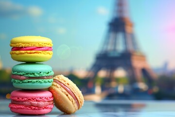 French tasty macarons on Eiffel Tower background