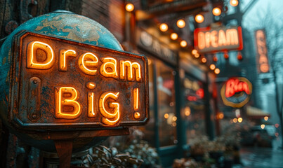 Vintage 'Dream Big!' neon sign on a rusty mailbox in an urban setting with blurred city lights and storefronts in the background, inspiring urban exploration