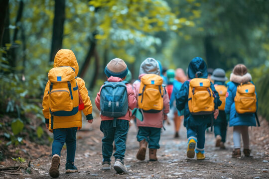 Group of primary school students with backpacks and raincoats go on an excursion with the school, walking through the forest.