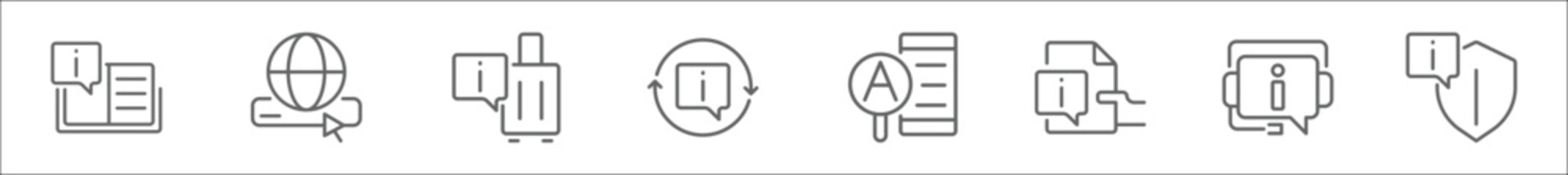 outline set of faq line icons. linear vector icons such as tutorial, online search, travel, exchange, article, information, call service, security - obrazy, fototapety, plakaty