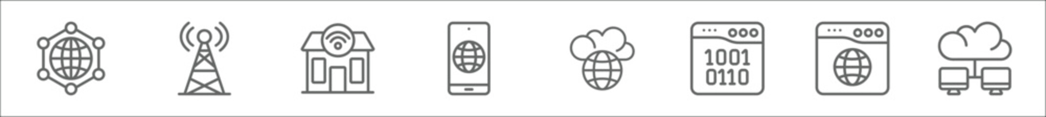 outline set of networking line icons. linear vector icons such as internet, antenna, smart home, conneciton, cloud, binary code, browser, cloud