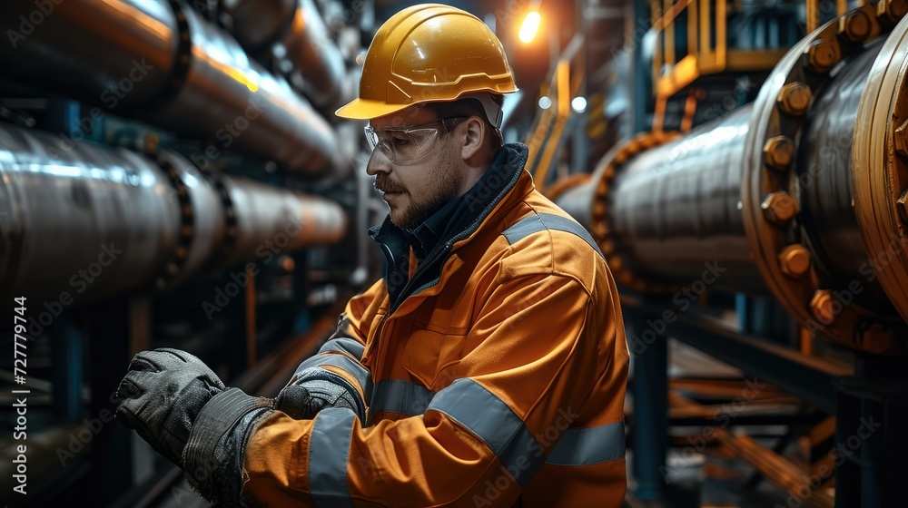 Poster An engineer in a structural steel uniform is on site to check the operation of the slurry pipeline. Generative AI.