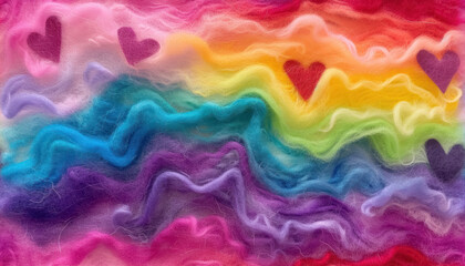fleece felted heart pattern on a multicolored background - obrazy, fototapety, plakaty
