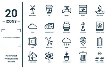 ecology and environment linear icon set. includes thin line wind energy, cloud, chip, eco house, solar energy, gas cylinder, battery icons for report, presentation, diagram, web design
