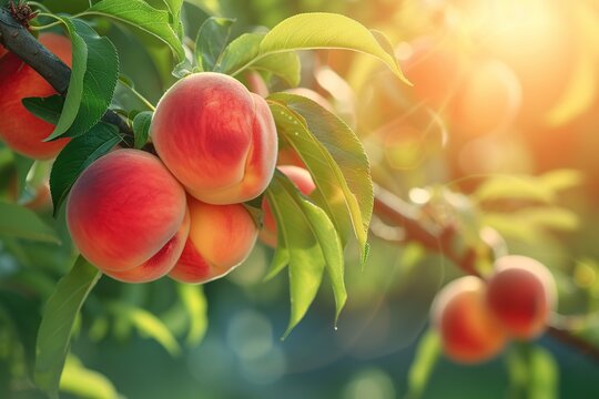 Ripe peaches on tree branch in the garden