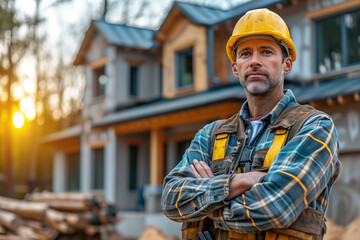 Worker in front of a cottage construction site
