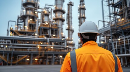 Worker supervisor wear safety helmet standing against oil refinery plant in heavy petrochemical industry estate. Generative AI.