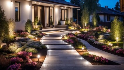 Modern gardening landscaping design details. Illuminated pathway in front of residential house. Landscape garden with ambient lighting system installation highlighting flowers plants - obrazy, fototapety, plakaty