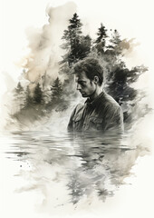 Fototapeta premium Solitary Plunge: Dramatic Monochrome Portrait of Man Embracing the Waters Serenity