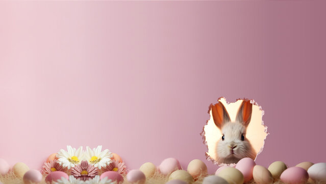 Easter bunny crawls out of hole, search for Easter eggs, spring flowers, Easter, Wallpaper