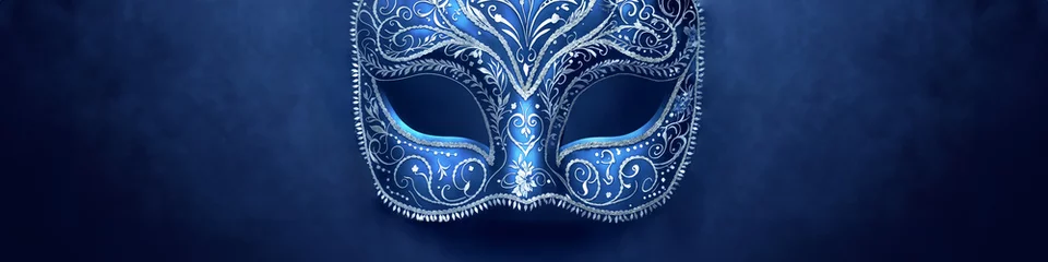 Deurstickers a blue and gold decorative carnival venice mask isolated on background, design template for advertisement, announcement, space for text, celebration, invitation, greeting card, cover, illustration © Nina