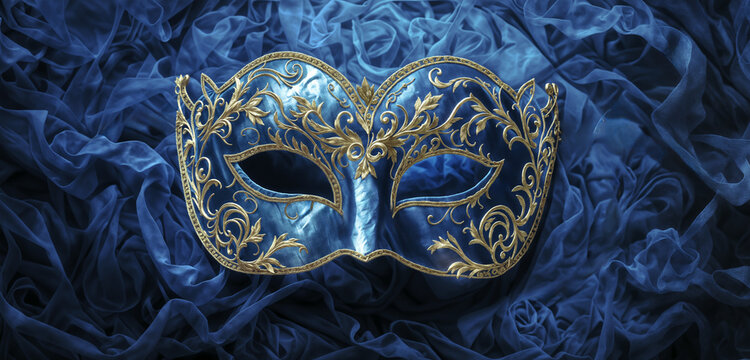 a blue and gold decorative carnival venice mask with a floral background, design template for advertisement, announcement, space for text, celebration, invitation, greeting card, cover, illustration