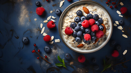 Bowl of oatmeal with berries, almonds, and blueberries.