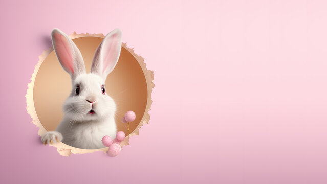 Easter bunny crawls out of the hole, light pink wallpaper, Easter