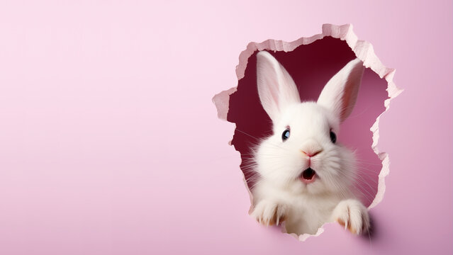 Easter bunny crawls out of the hole, light pink wallpaper, Easter