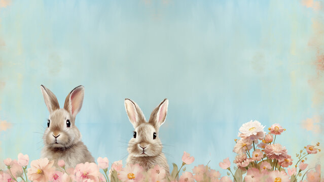 Easter bunnies peeking out from behind spring flowers, blue wallpaper, Easter
