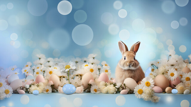 Easter bunny among eggs and spring flowers, Easter, blue wallpaper
