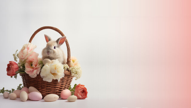 Easter bunny sits in a basket with eggs and flowers, Easter, light wallpaper