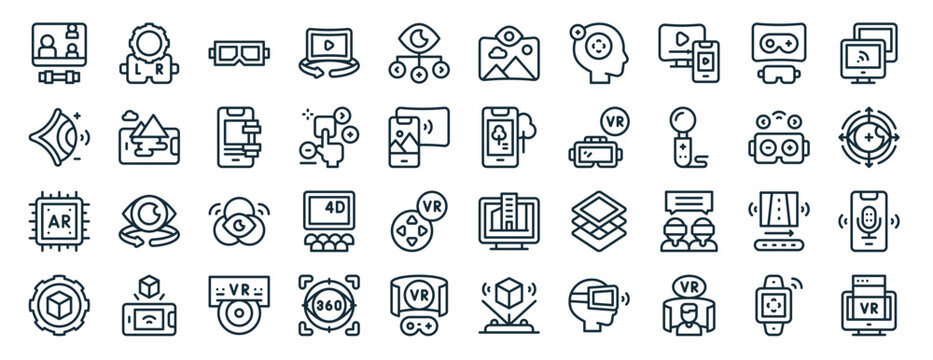 set of 40 outline web virtual reality vr icons such as vr glasses, eye, ar, tings, vr glasses, screen mirroring, screen icons for report, presentation, diagram, web design, mobile app