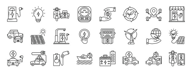 Fototapeta na wymiar set of 24 outline web e mobility icons such as charging cable, energy, sidecar, charging, energy saving, energy efficiency, mobility vector icons for report, presentation, diagram, web design,