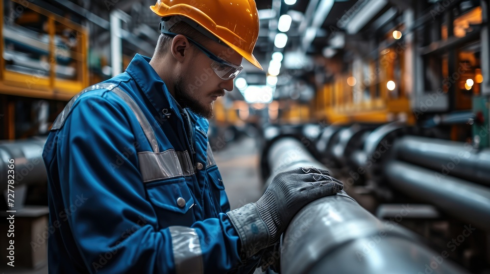 Poster A pipe engineer is inspecting the quality of pipes in an industrial factory. Generative AI.