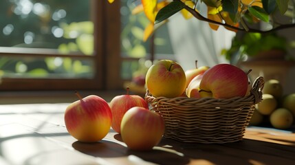 Ripe apples in a wicker basket on a wooden table near the window