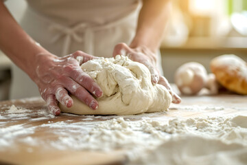 Fototapeta premium design for cooking or baking ad, fresh dough, baker hands. Bakery, wooden table, cusine. French kitchen
