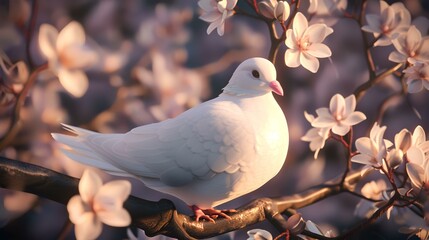 White pigeon on a branch of a blossoming magnolia tree.