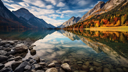 Fantastic autumn panorama on Hinter see lake. Colorful scene