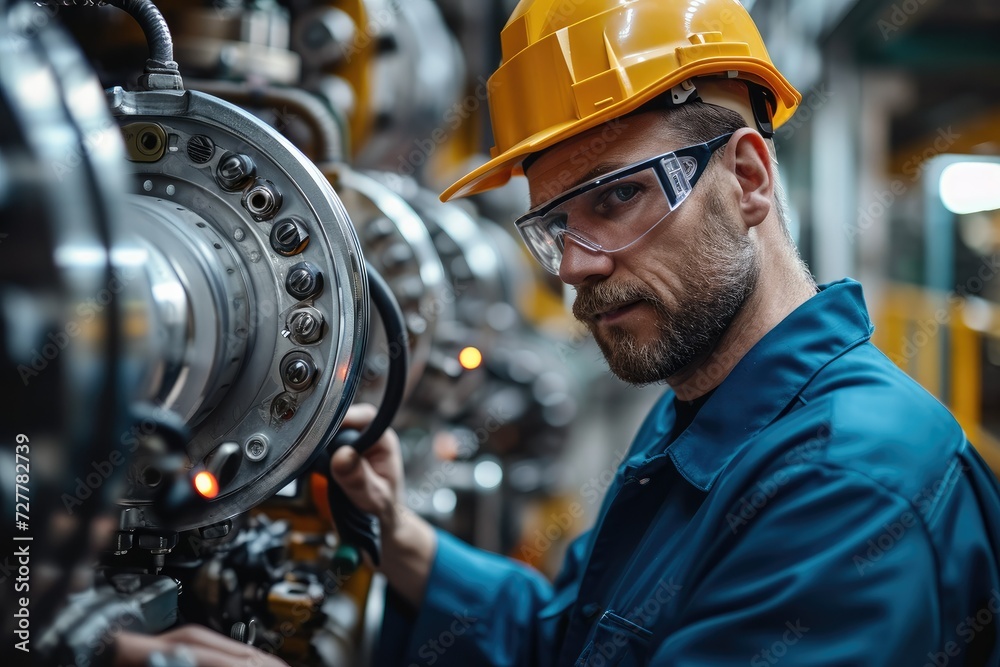 Poster Engineer inspecting and maintaining machinery in an industrial maintenance workshop. Generative AI.